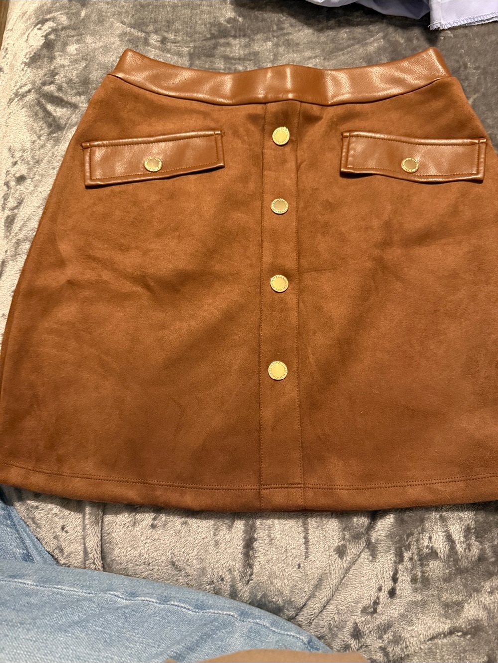 Faux Suede Mini Skirt in Chestnut with Gold Buttons